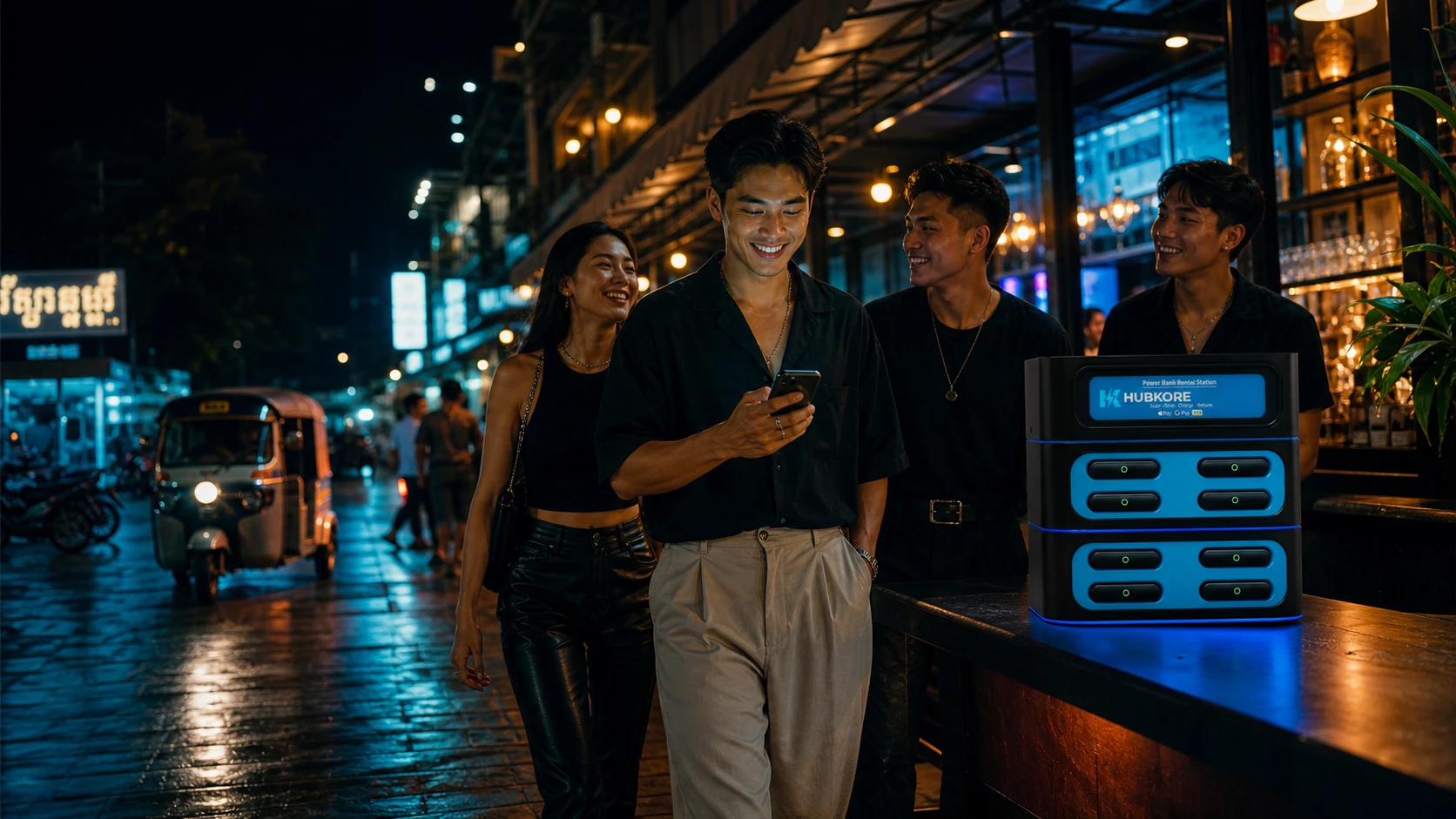 HubKore brand-direction scene in Phnom Penh after dark