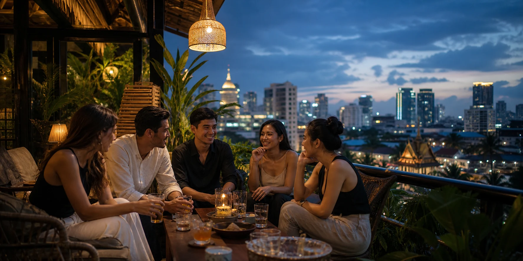 Illustrative scene of Cambodian and international friends at a Phnom Penh rooftop café