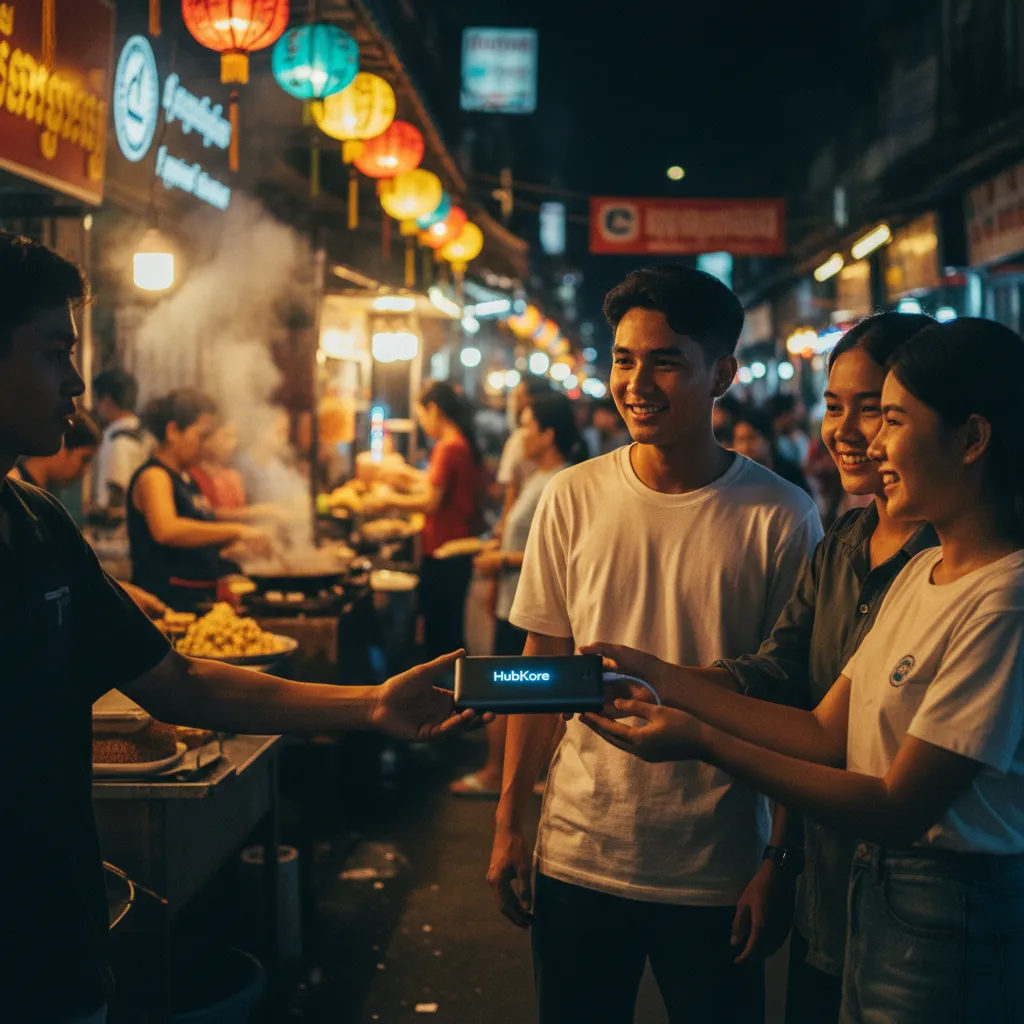 Illustrative HubKore scene at a Cambodian night market